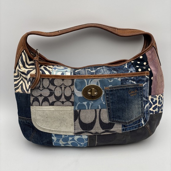 Coach Handbags - Coach Indigo Denim Blue Patchwork Ergo XL Hobo Handbag Purse Bag RARE Leather